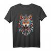 Spiritueller Fuchs Krafttier der Indianer Federn Design T-Shirt – Symbol für Weisheit, List und Führung in der spirituellen Welt