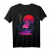 Synthwave Kunst-inspiriertes WatFlamingo T-Shirt im 80er Retro-Stil mit Glitch Art, Sonne und Palmen - Perfekt für Vaporwave und Outrun Fans
